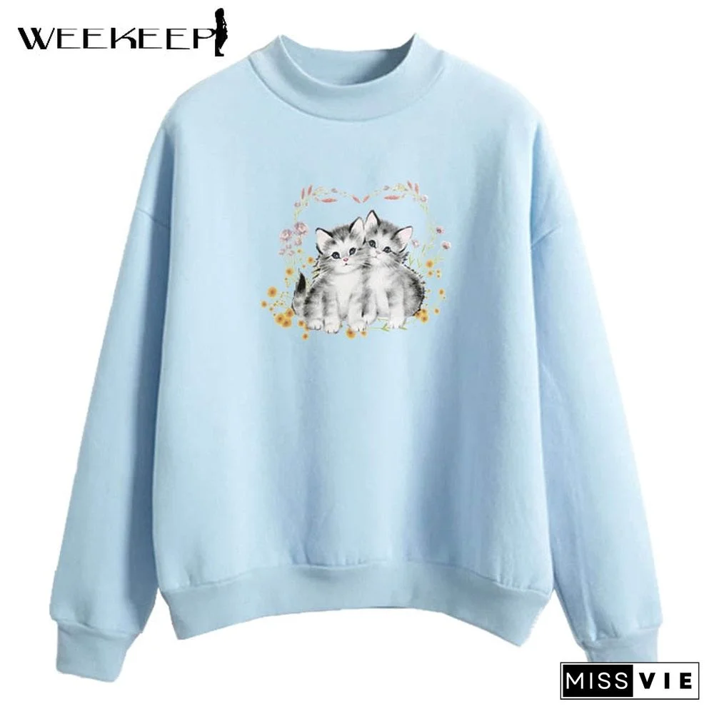 Weekeep Casual Oversized Sweatshirts Women Cute Cat Print Pullover Autumn Long Sleeve Loose Harajuku Streetwear Korean Aesthetic