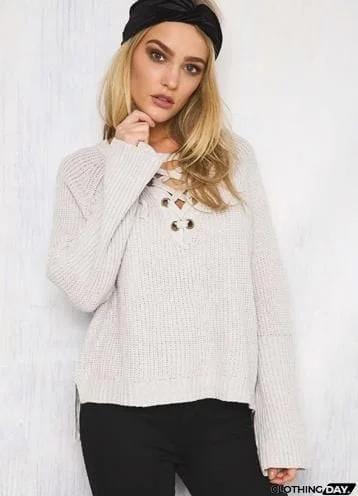 V Neck Solid Color Long Sleeve Knit Sweater