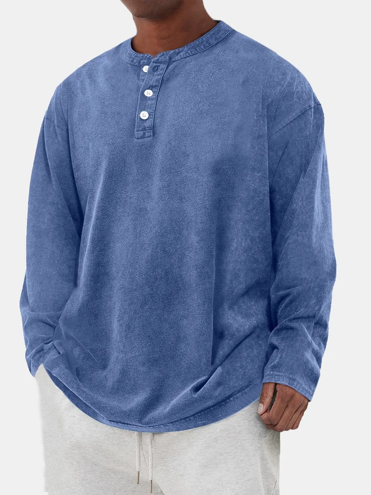 Men's Vintage Distressed Casual Button Down Long Sleeve Henley Shirt