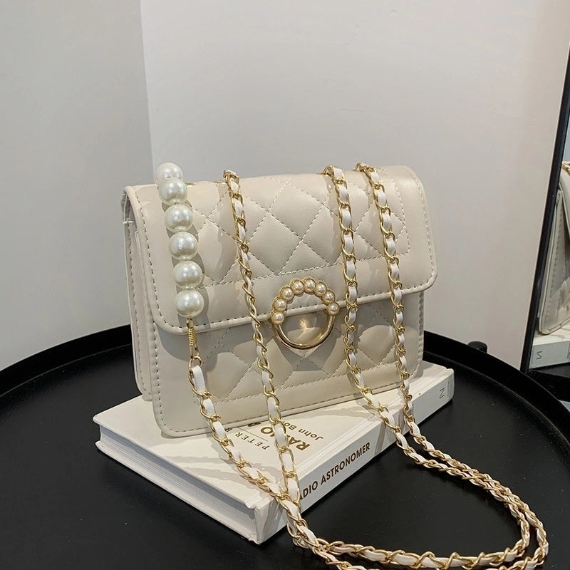 Women’s Small Pu Leather Lingge Fashion Pearl Square Magnetic Buckle Crossbody Bag