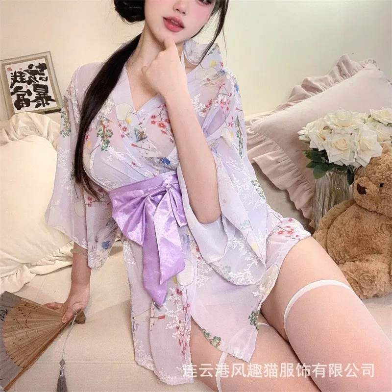 Churchf Sex Lingerie Chiffon And Bathrobe Suit Uniform Seduction Print Bow Sexy Japanese Pajamas New