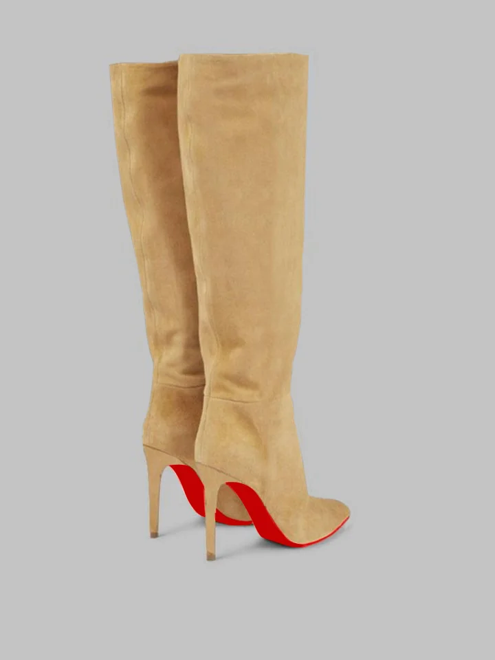 100mm Women's Stylish Zipper Pointed Toe Red Bottoms Suede Pumps High Heels Knee Boots