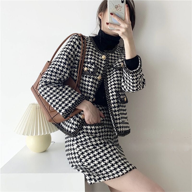 Houndstooth skirt suit female 2022 spring new fashion retro small fragrant wool short suit jacket mini skirt two-piece suit
