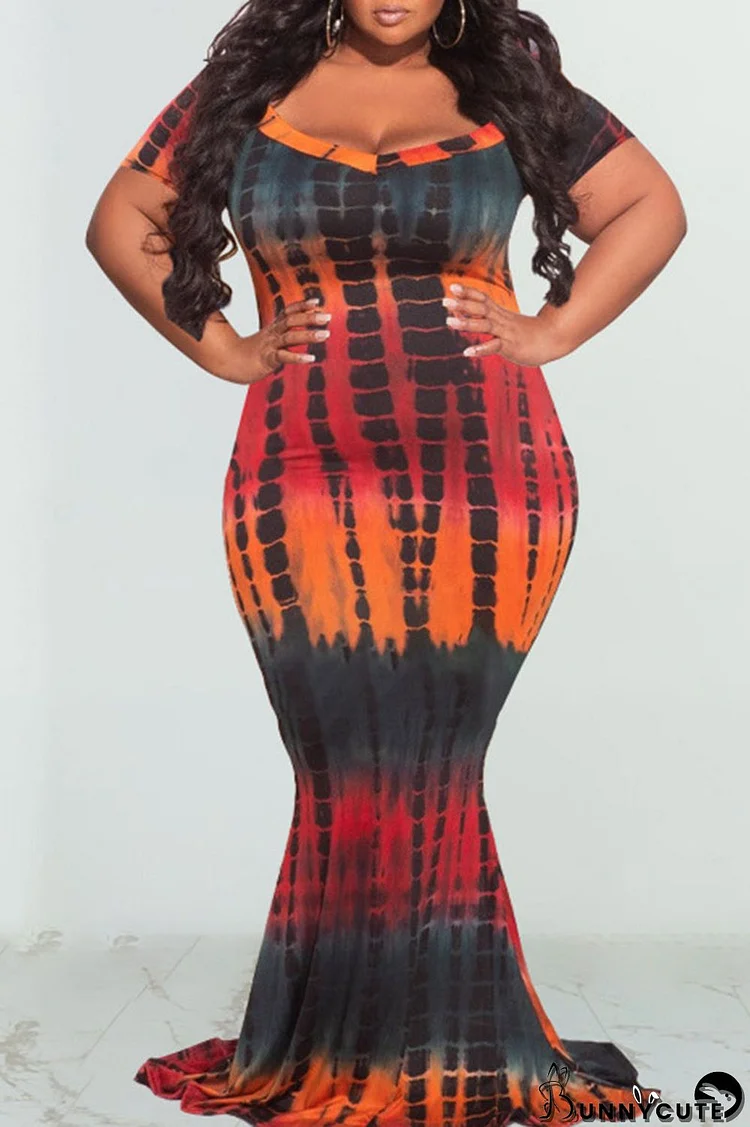 Tangerine Red Casual Print Patchwork V Neck Straight Plus Size Dresses