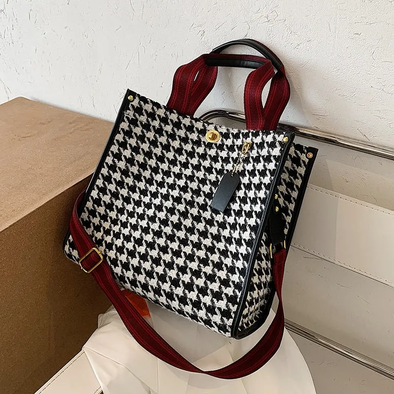 էѧӧܧ Designer PU Leather Shoulder Bags 2020 Simple Open Handbags Winter Branded Women's Trending Houndstooth Hand Bag