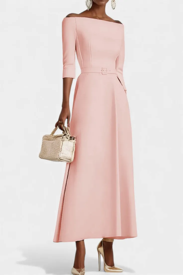 Off-Shoulder Belted Maxi Dress with Three-Quarter Sleeves