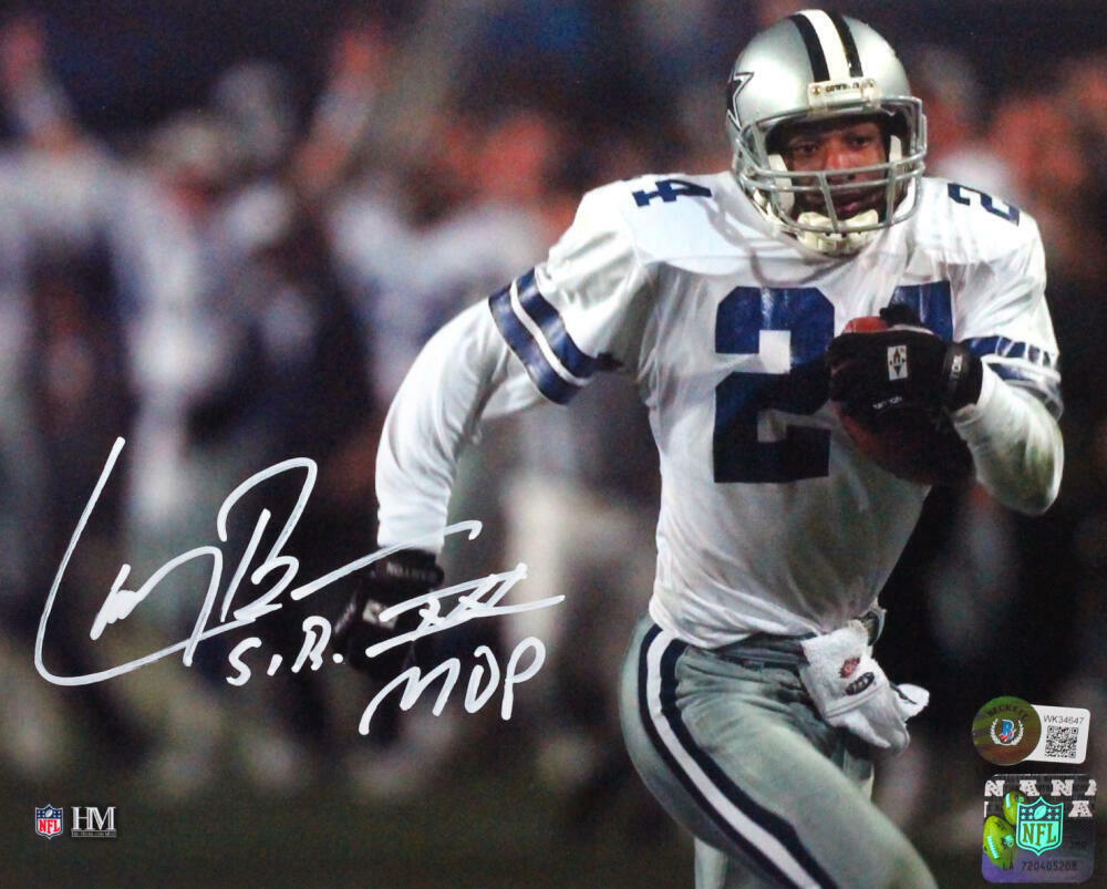 Larry Brown Autographed Cowboys 8x10 Running Photo Poster painting W/ SB MVP- Beckett W *White