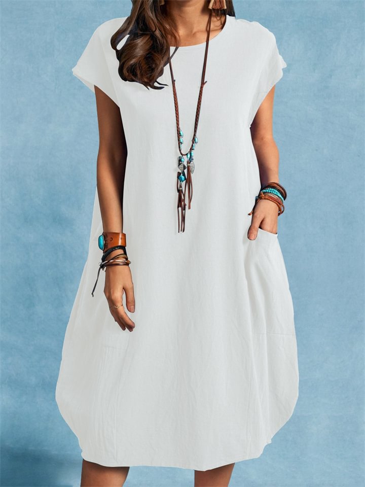 Cotton Loose Casual Solid Color Pocket Dress Women Dress | EGEMISS