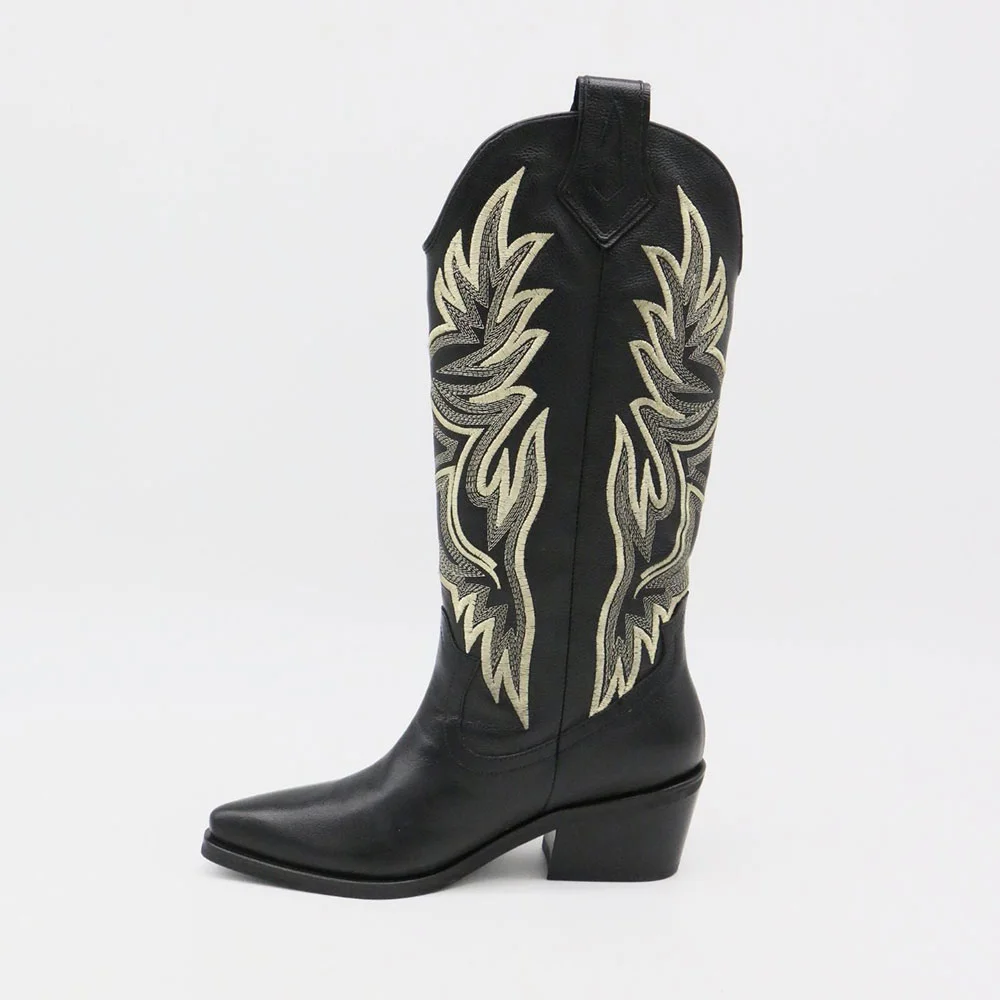 Black Snip Toe Chunky Heel Embroidered Western Cowgirl Boots
