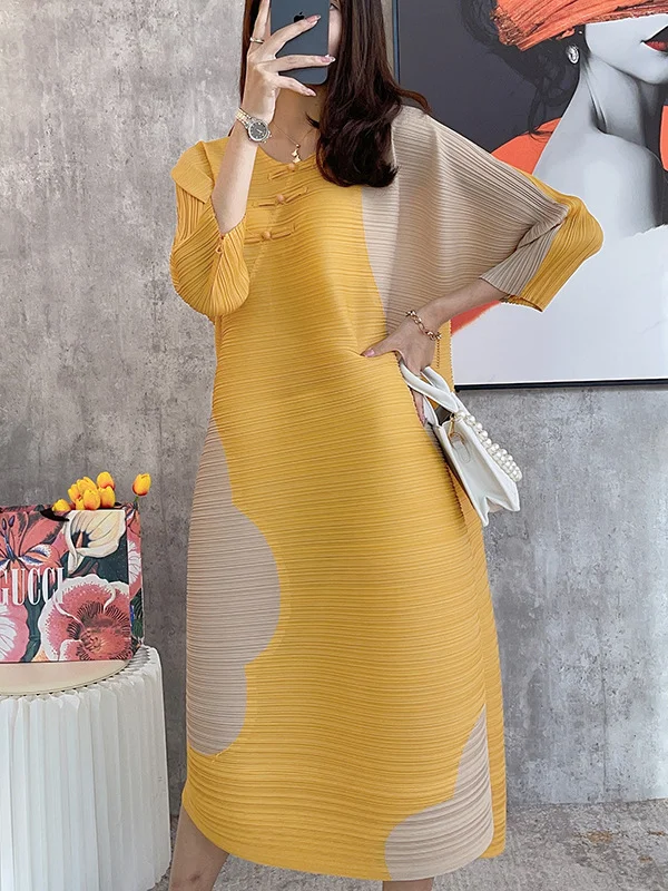 3 Colors Fashion Roomy Contrast Color Pleated Midi Dress