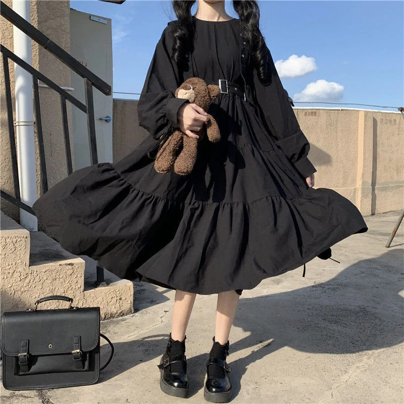 Brownm Brownm Winter Long Sleeve High Waist Black Female Students Sweet And Lovely Waist Fold A Line Dress
