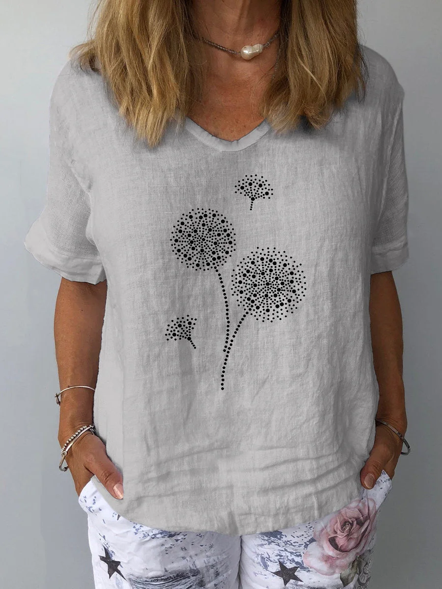 Women's Short Sleeve V-Neck Solid Floral Printed Top