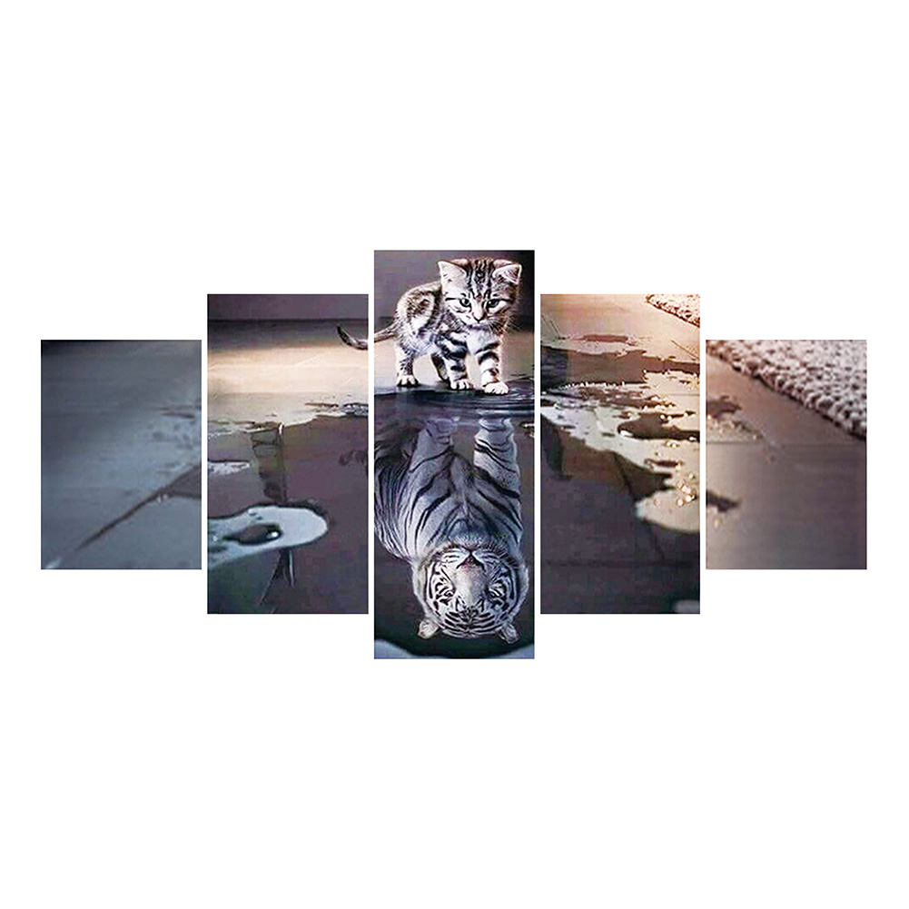 

95*45CM - Multi-picture Round Drill Diamond Painting - Reflection Tiger Cat, 501 Original