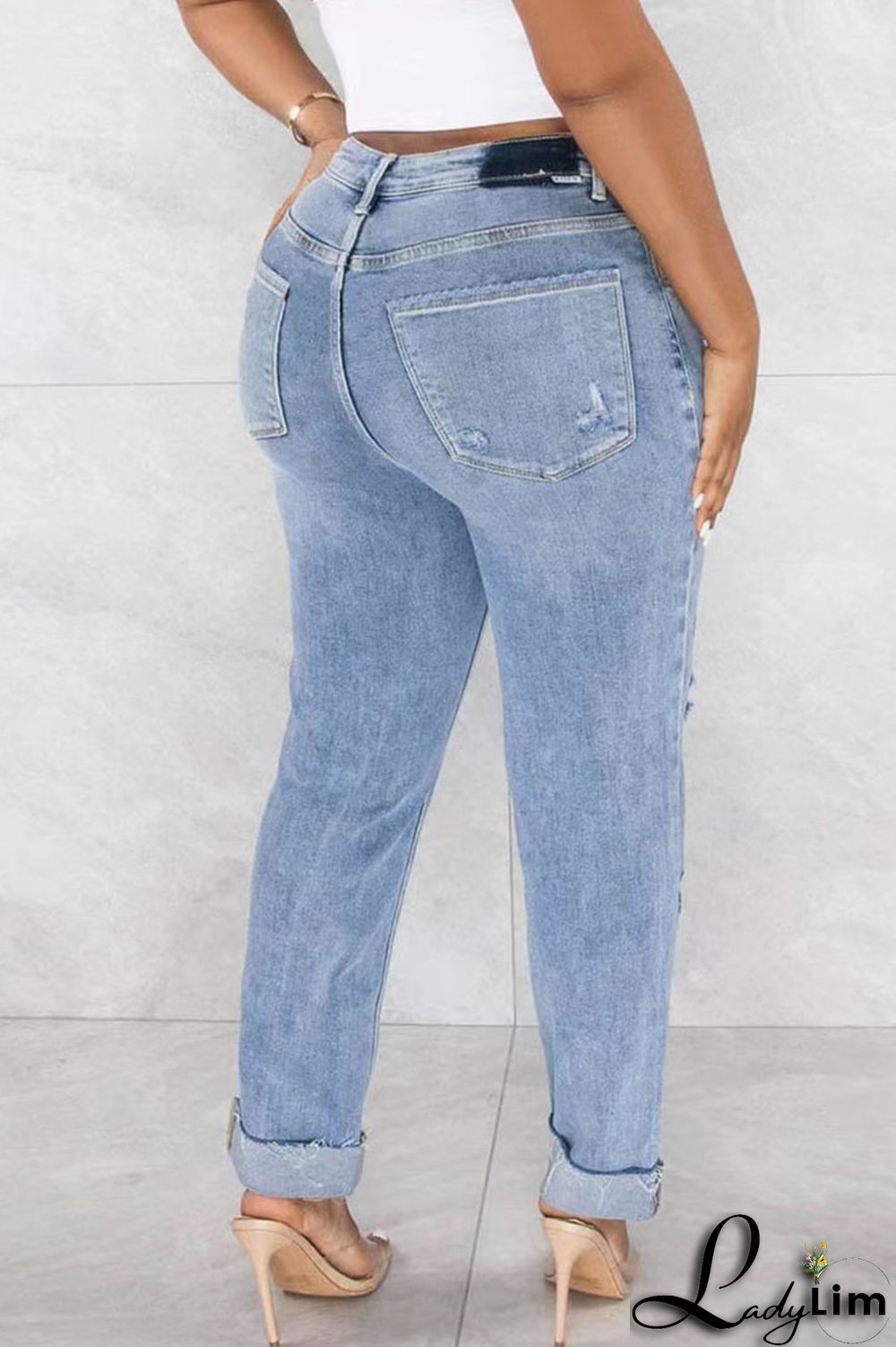 Light Blue Street Solid Ripped Patchwork High Waist Denim Jeans