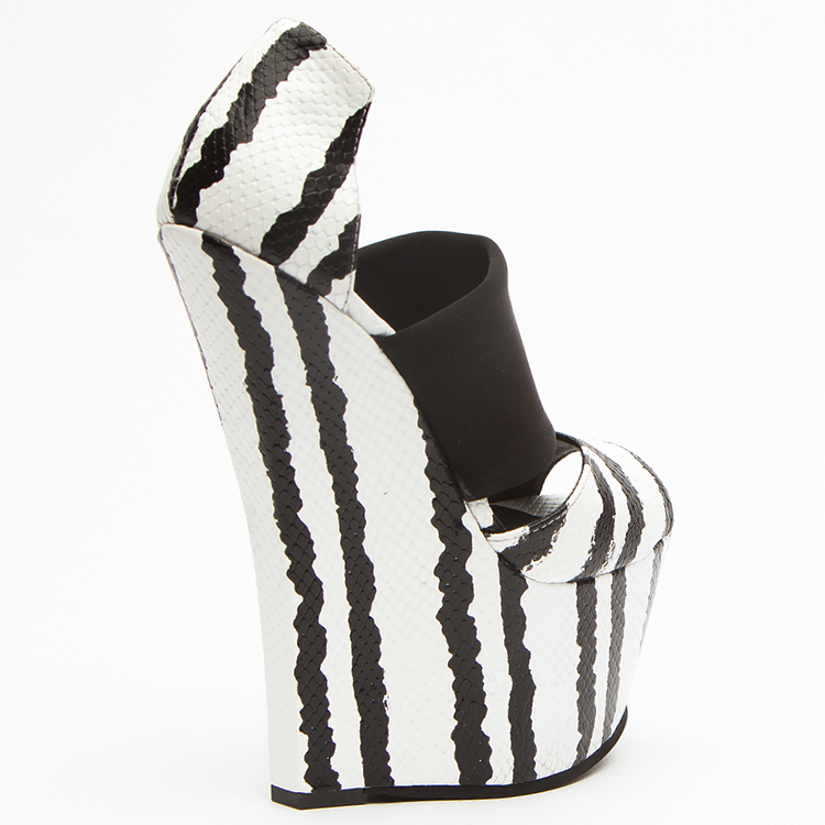 Black and White Stripe Wedge Heels Peep Toe Python Platform Sandals |FSJ Shoes