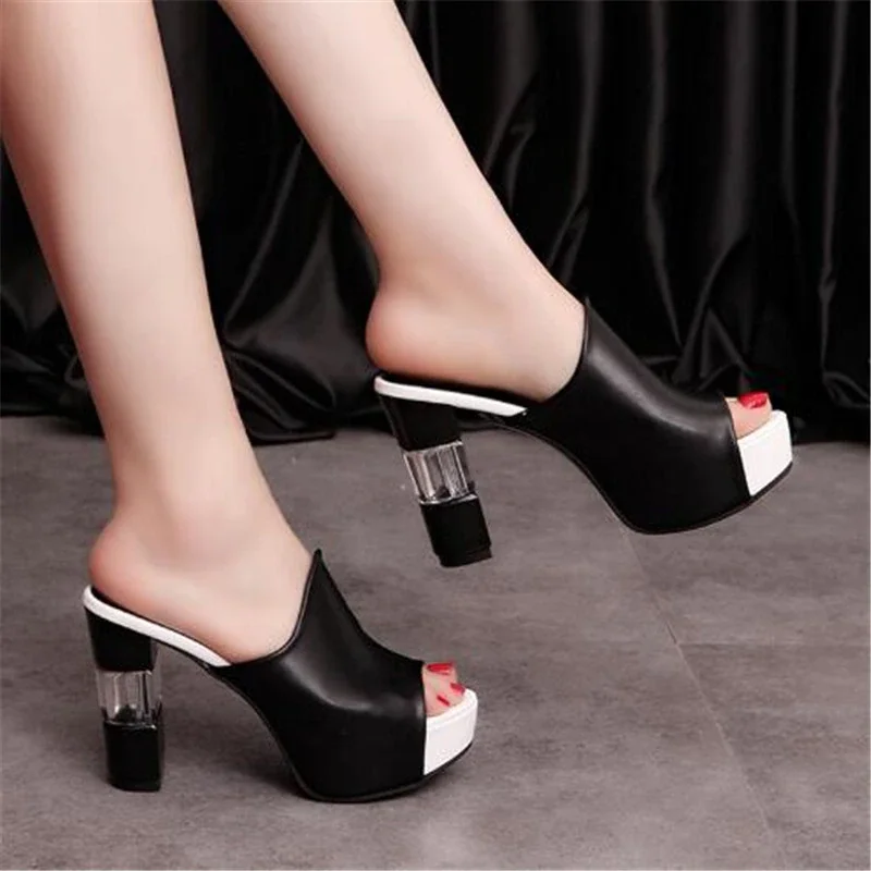 Qengg Leather Sole Slippers Women Sexy High Heel Mules Clogs Black Peep Toe Platform Mules Emal Slip on Sandals Shoes