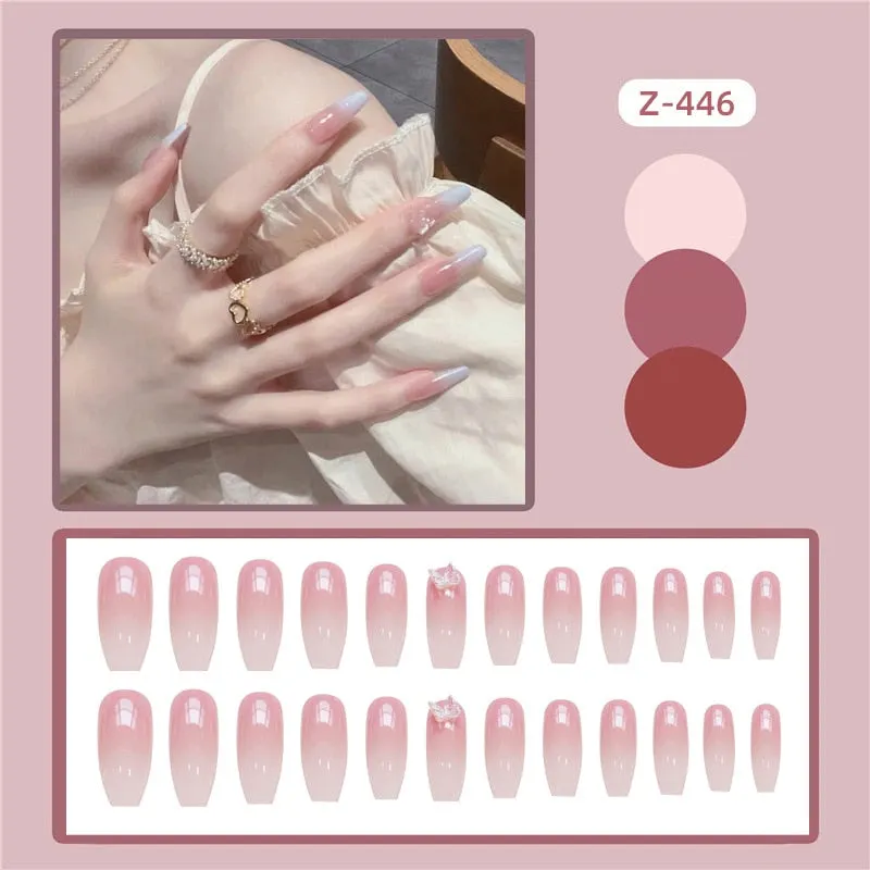 24pcs Butterfly decorated false nails Removable Long Paragraph Fashion Manicure press on nail tips full cover acrylic for girls-Nail Inspo