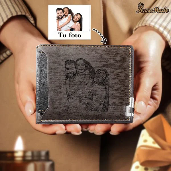 Cartera, billetera con 1 foto y 3 textos personalizados, monedero clásico para hombre