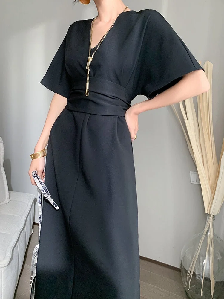 Summer New Women Short Sleeve Office Lady Elegant Vestidos Femme Clothes Midi Slim Solid Lace Up Dress