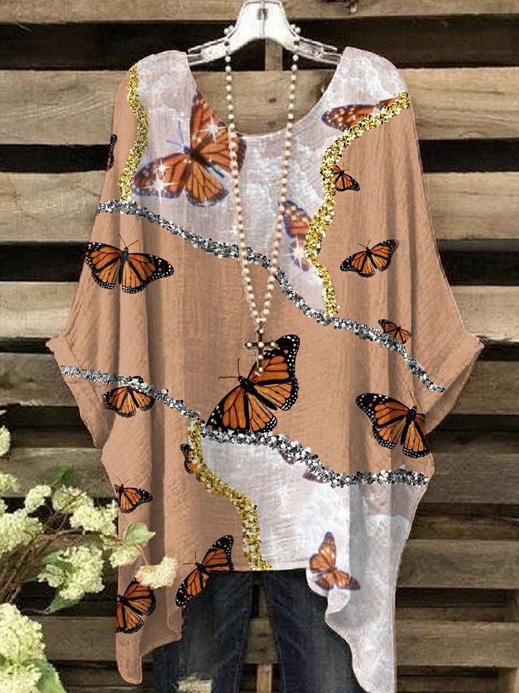 Women's Casual Vintage Butterfly Print Crew Neck Top