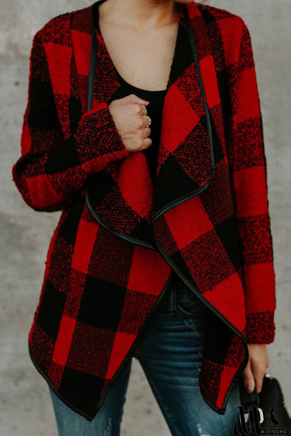 MidiSono - Plaid Long Sleeve Asymmetric Collar Open Front Coat