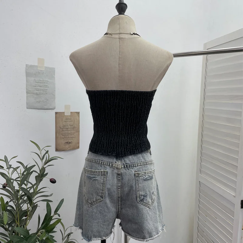 Nigikala Nigikala Sexy Water Wash Denim Pocket Spliced Lace Bra Design Without Strap Vest 2753