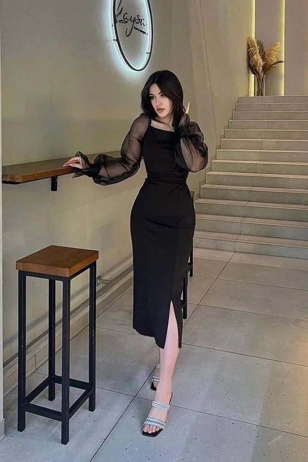 Miabel Chic Black Satin Square Neck Puff Long Sleeves Slim Long Prom Dress with Split 