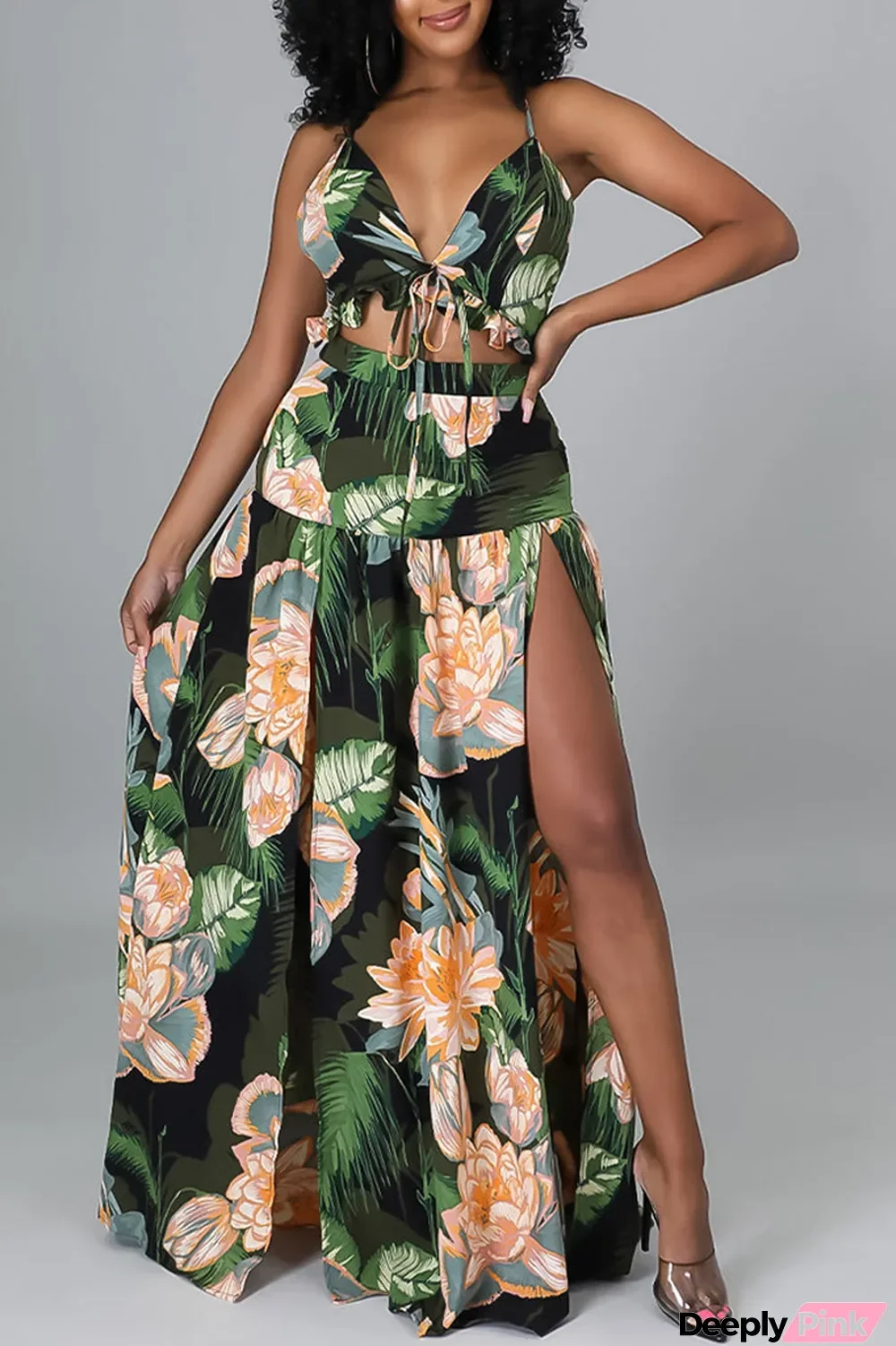 Green Fashion Sexy Print Bandage Hollowed Out Slit V Neck Sling Dress