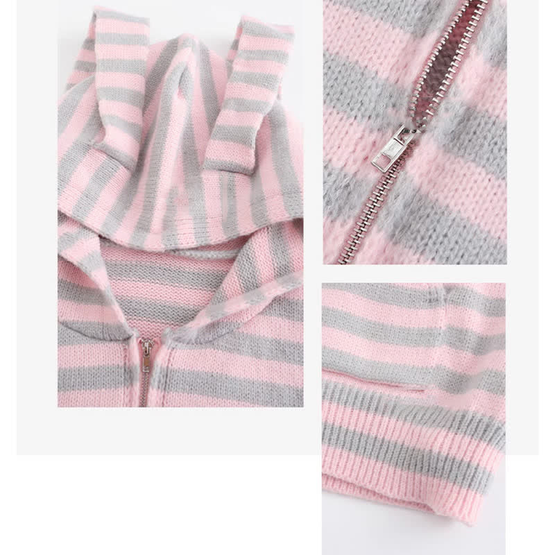 Long Bunny Ears Pocket Oversize Zipper Hooded Sweatshirt