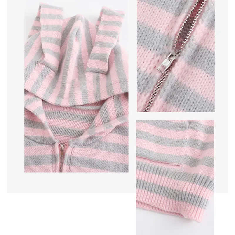 Long Bunny Ears Pocket Oversize Zipper Hooded Sweatshirt