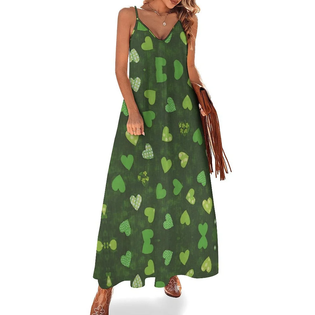 Style & Comfort for Mature Women Plus Size Printed Sling Casual Women Maxi Dress in Pattern St. Patrick's Day, Green, Clover, Lucky