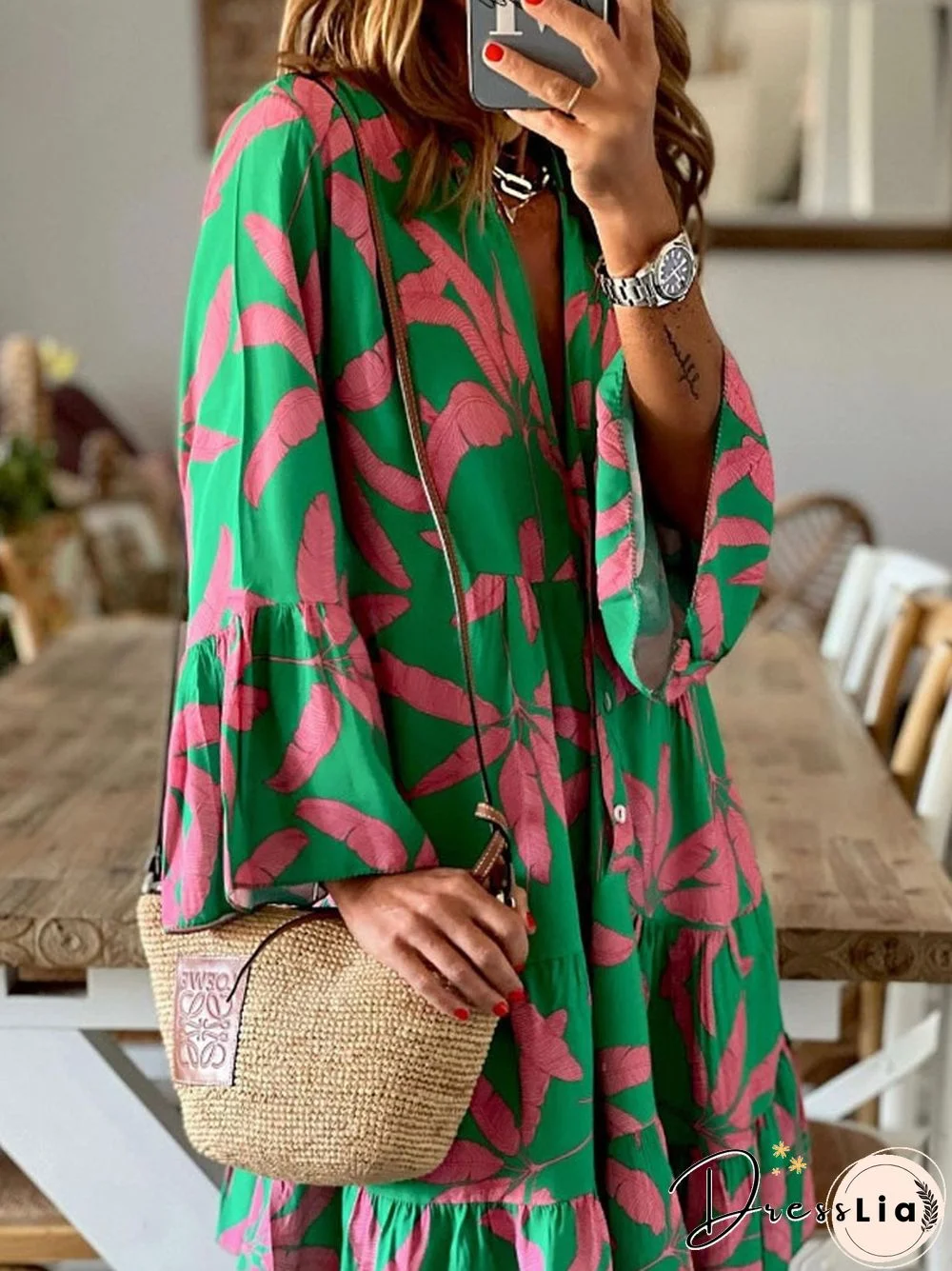 Fashion Summer Women Dress Casual Summer A Line Printed Dress Ladies Long Flared Sleeve Bohemian Beach Cover Up Sundress