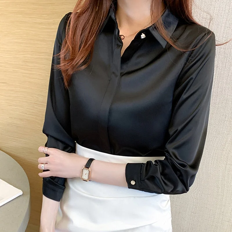 Office Lady Solid Silk Shirt Blouse Tops Long Sleeve Shirts Blouses for Women Silk Shirts Women Satin Clothing Plus Size 17276