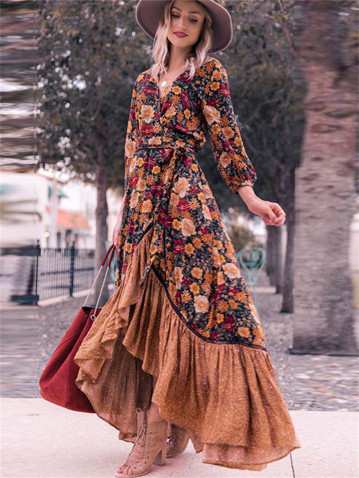 Women's Classical Dresses Casual Long Sleeve Printed Vintage Nine Minute Sleeve V Neck Dresses Long Dresses