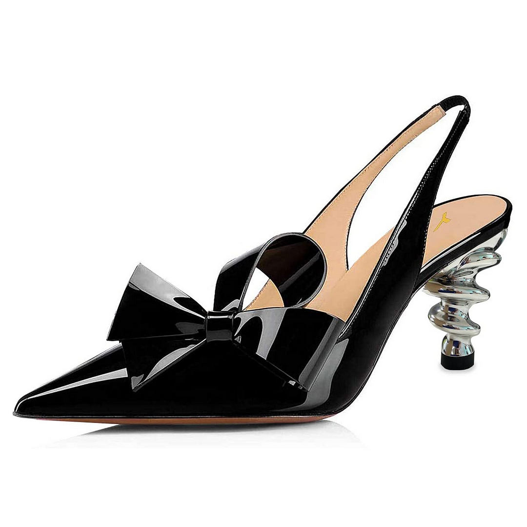 Black Pointy Toe Slingback Sandals Patent Leather Sandals