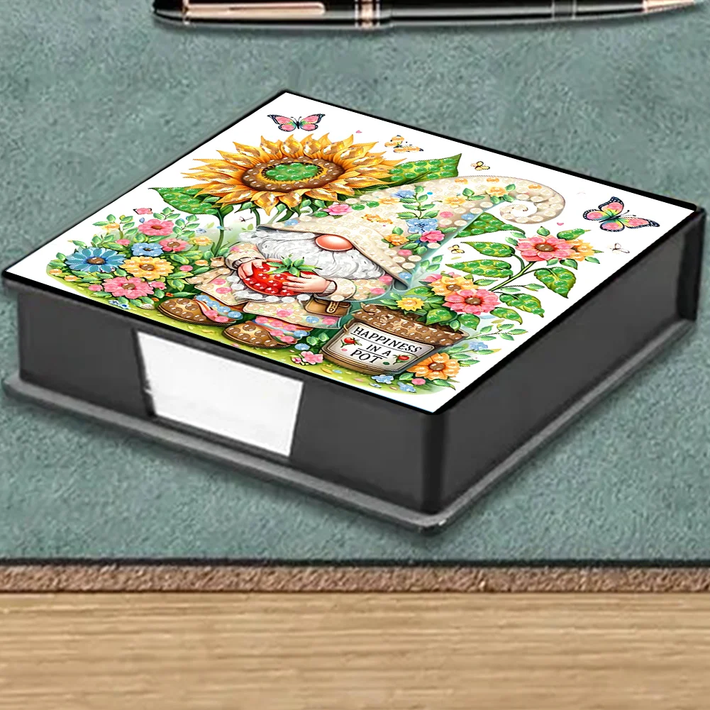DIY Flower Gnome Leather Diamond Art Note Box with 160 Sheets of Paper for Beginners