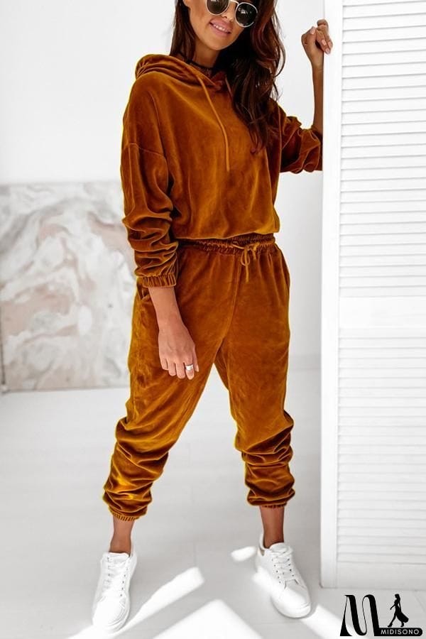 MidiSono - Velvet Drawstring Hooded Joggrt Set