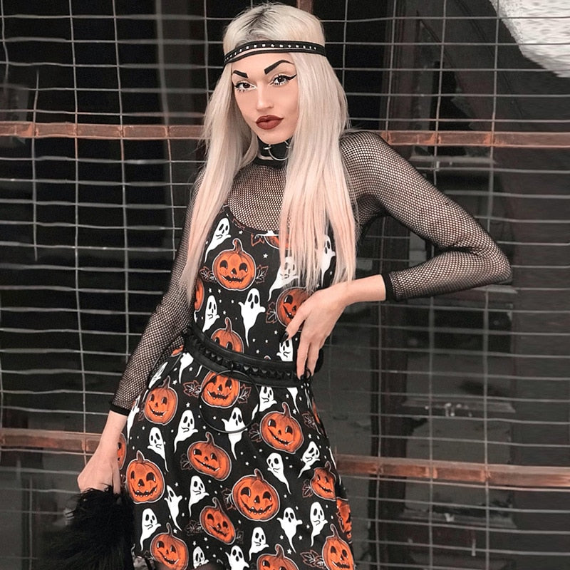 Llyge Halloween Y2K Pumpkin Print Halloween Dress Spaghetti Strap  Vintage Fashion Fairy Grunge E Girl Streetwear Goth Festive Dress llyge