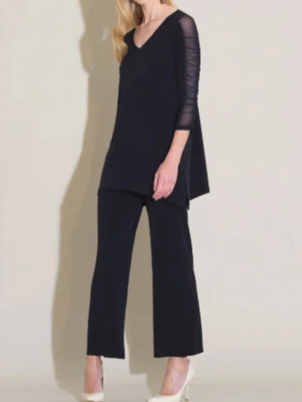 V-neck mesh stitching long-sleeved top and trousers suit