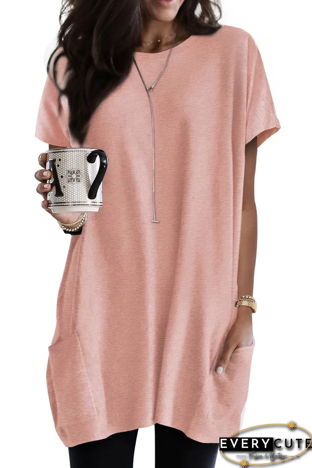 Pink Side Pockets Short Sleeve Tunic Top