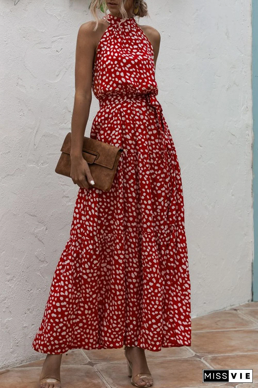 Halter Polka Dot Print Tie Waist Maxi Dress Wholesale