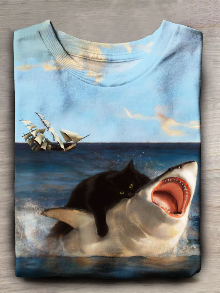 Funny Shark And Cat Print Casual Short Sleeve Top