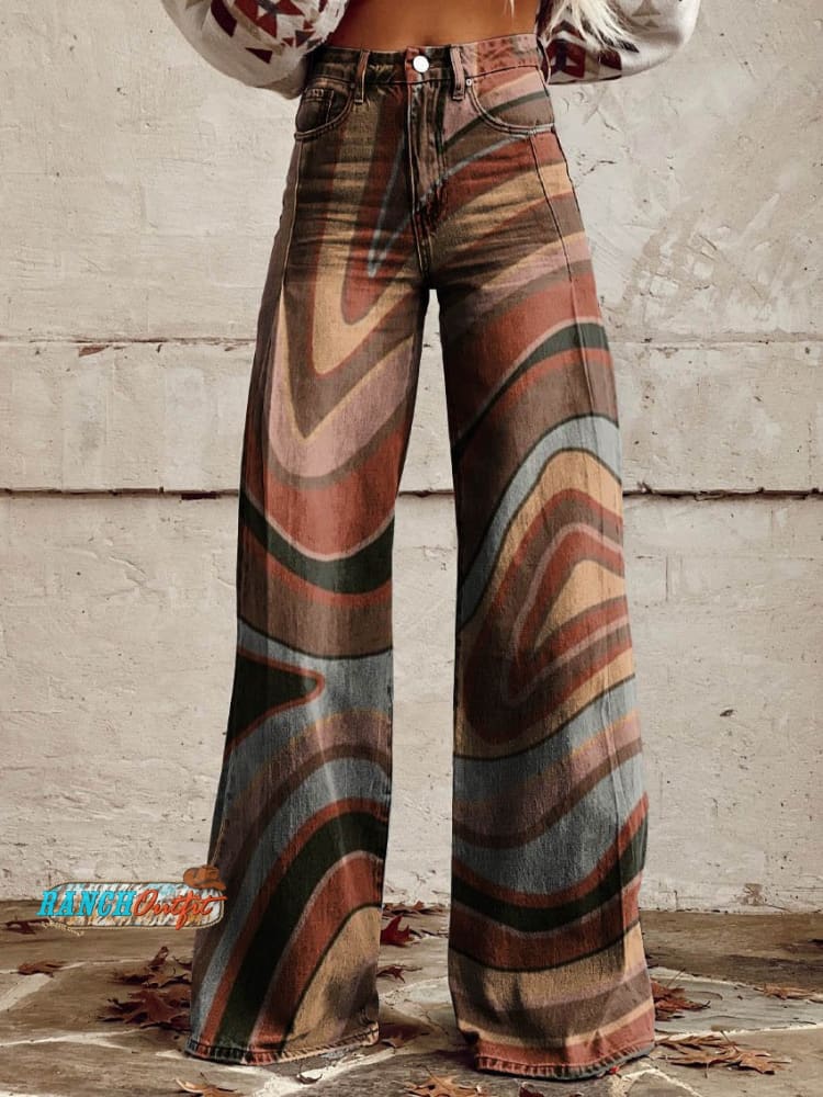 Women’s Brown Contours Print Casual Wide Leg Pants Multicolor / S