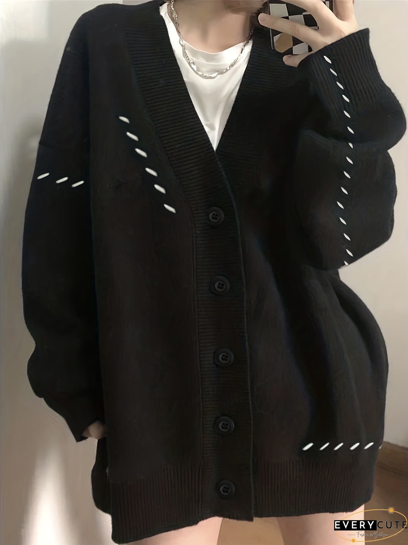 V Neck Button Knit Cardigan, Preppy Long Sleeve Drop Shoulder Sweater, Women's Clothing