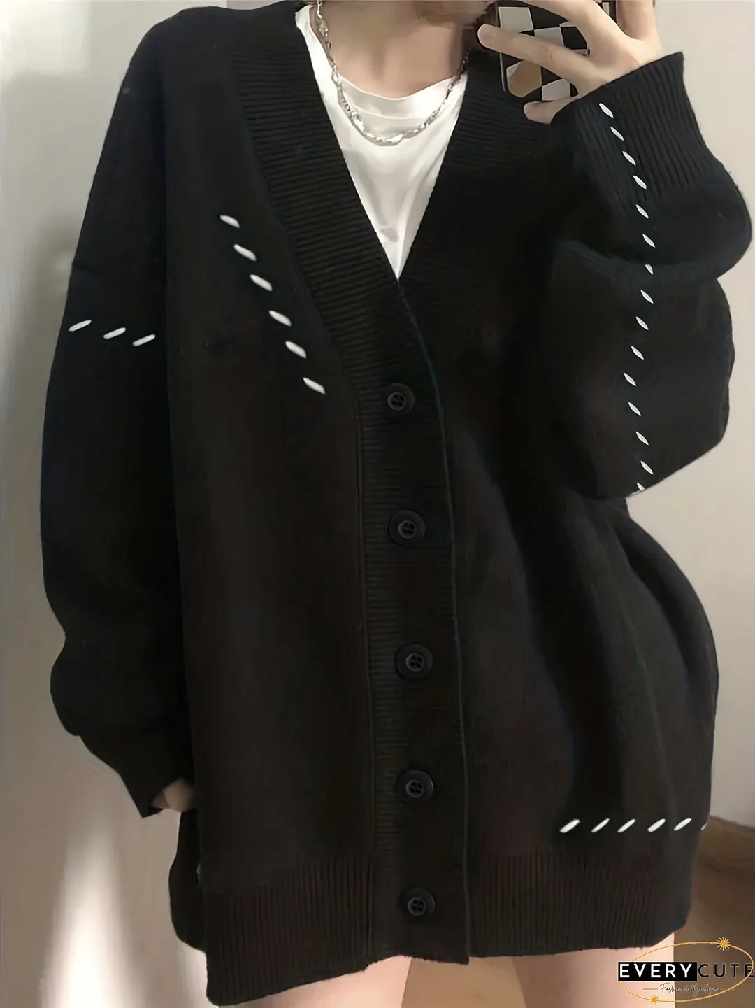 V Neck Button Knit Cardigan, Preppy Long Sleeve Drop Shoulder Sweater, Women's Clothing
