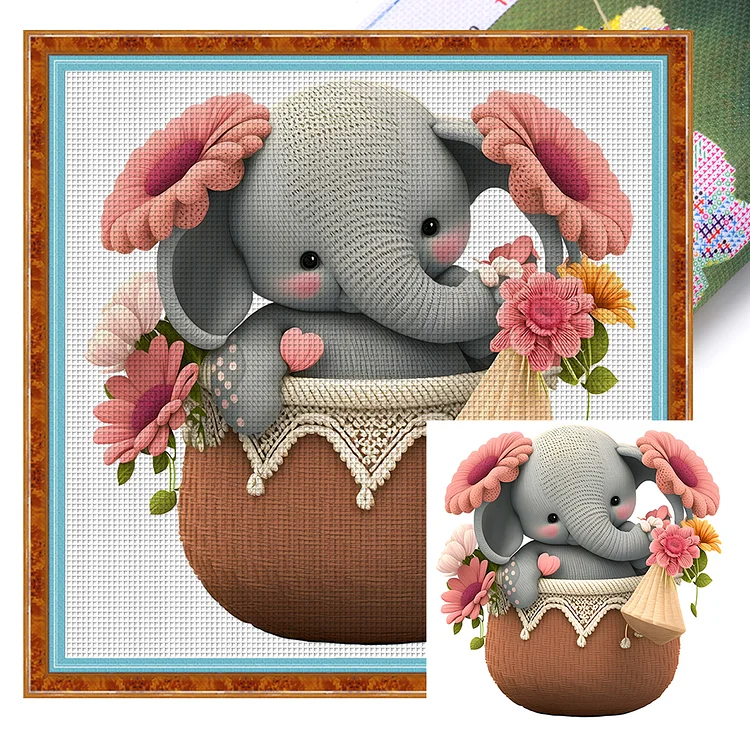【Huacan Brand】Elephant In Basket 18CT Stamped Cross Stitch 30*30CM