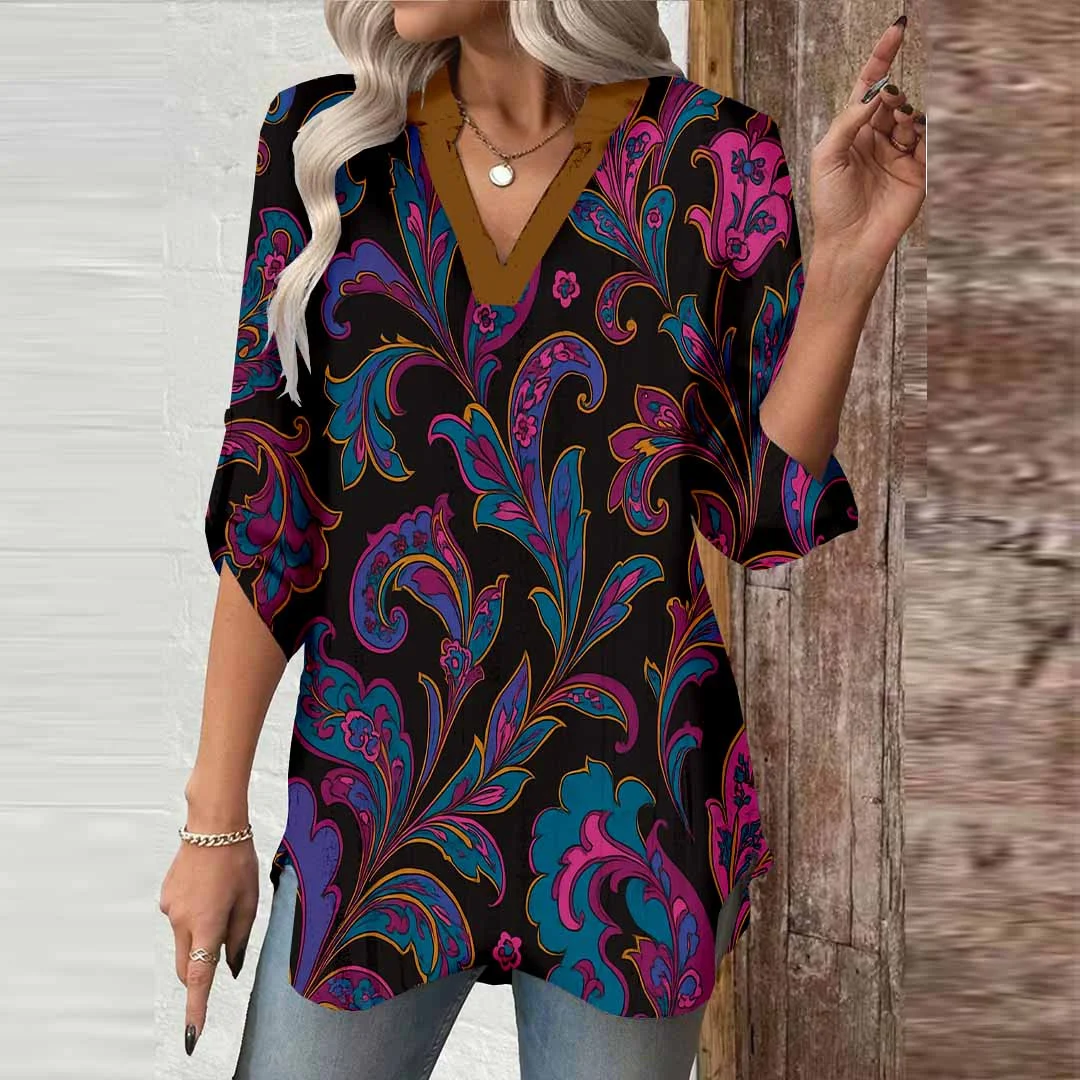 Women Tropical,Red,Black DZGA0264 3/4 Sleeve V-neck Printed Graphic Button Tops