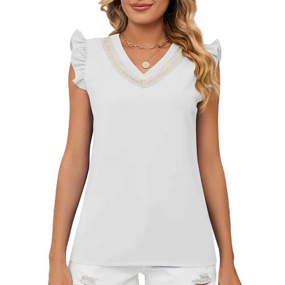 White Lace Trim Contrast Ruffle Short Sleeve Tops