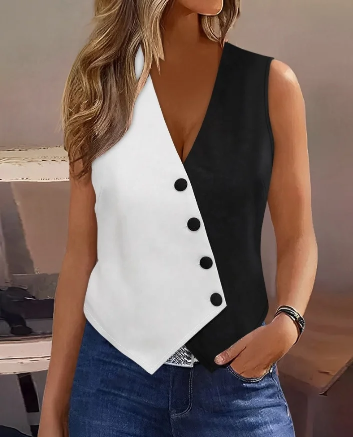Mongw Mongw New Summer New Sleeveless Jumpsuit Fashion Slim V-Neck Vest Clip