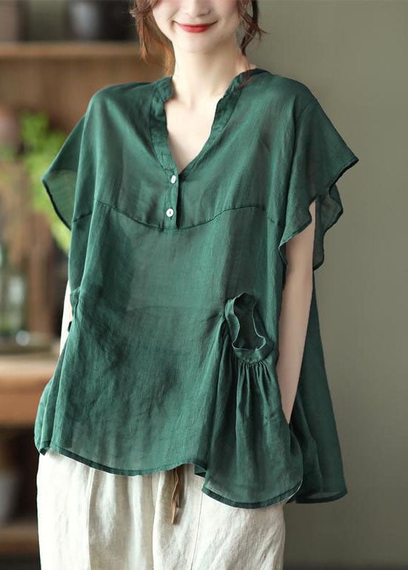 Elegant Green V Neck Button Fall Short Sleeve Blouse Top CK1409- Fabulory